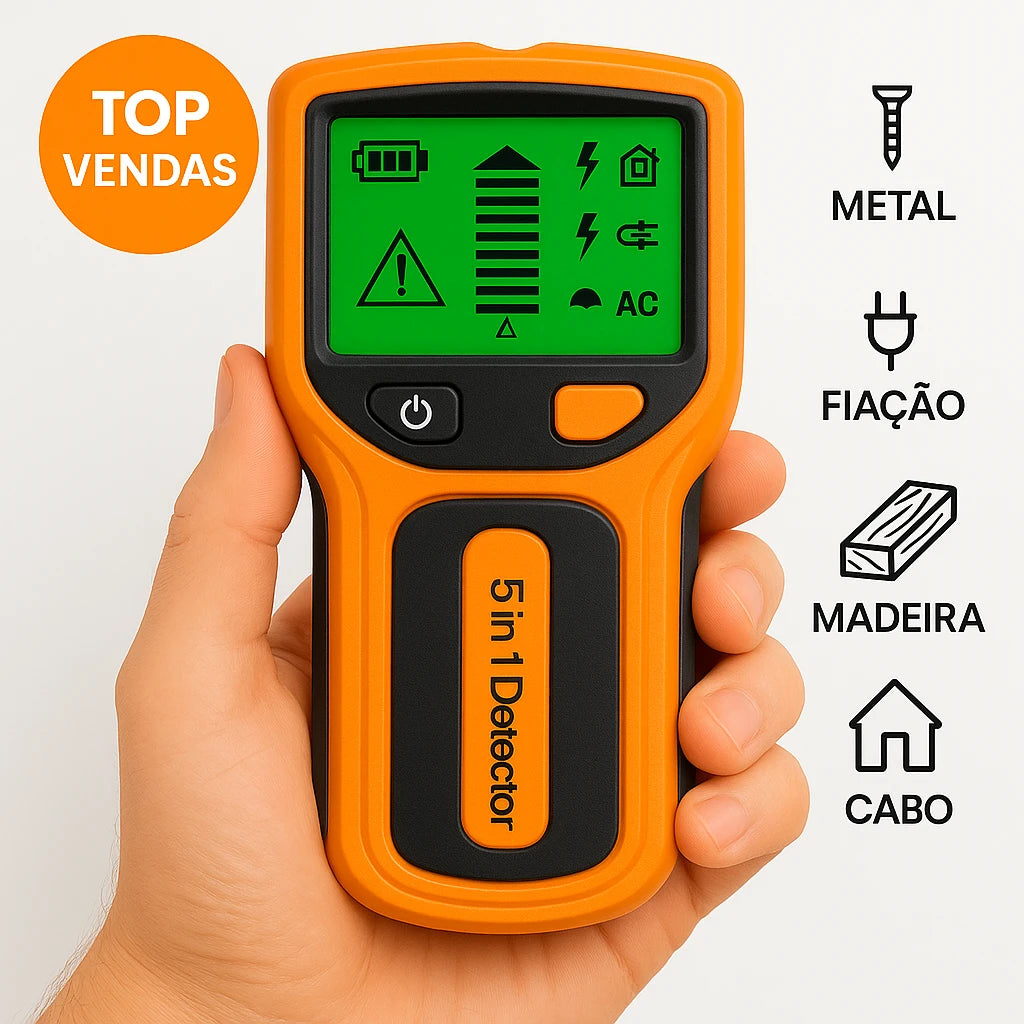Detector 5 em 1 profissional portátil com visor digital, ideal para detectar metal, madeira, cabos elétricos e fiação em paredes.

